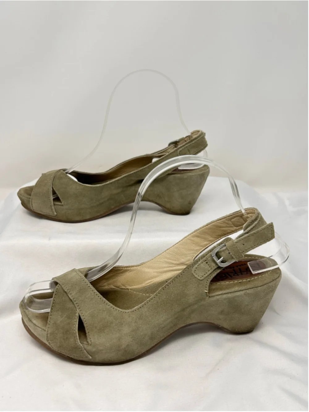 Khrio Olive Suede Leather Peep Toe Wedge Sandals Size 37